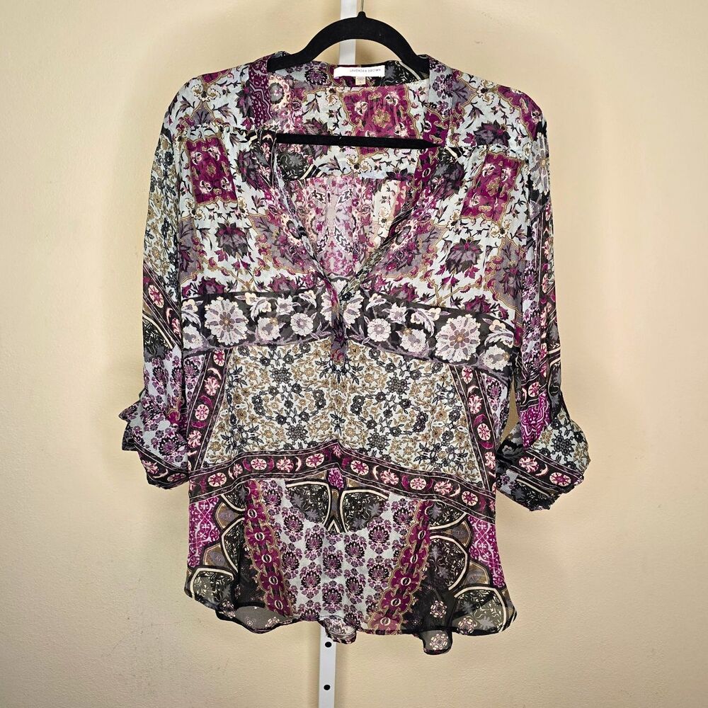Lavender Brown 100% Silk Chiffon Sheer Multicolor Floral V-Neck Blouse L